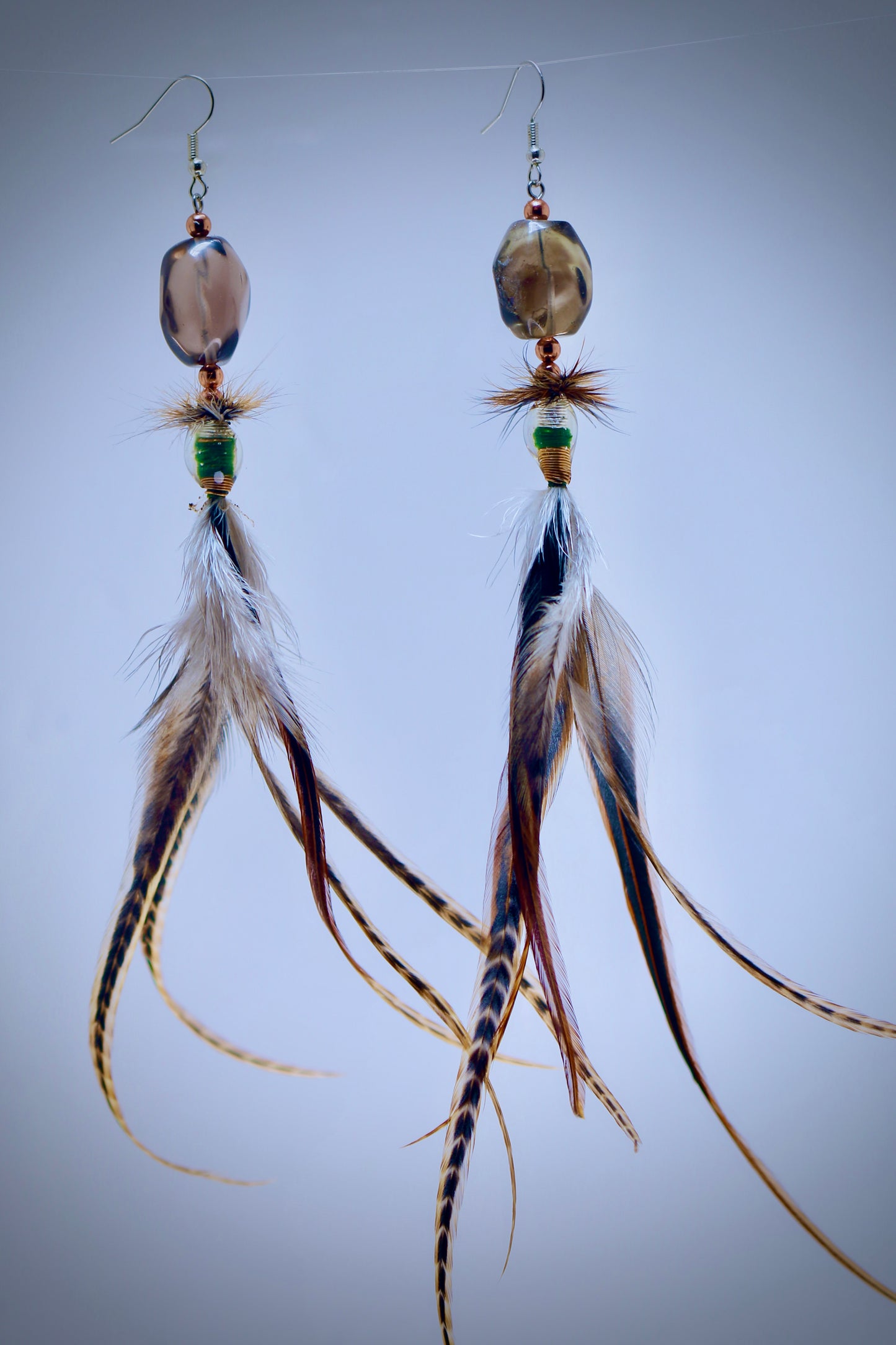 LG Smoky Glass+Resin Cast+Gold Wire Wrap+Rooster Hackle