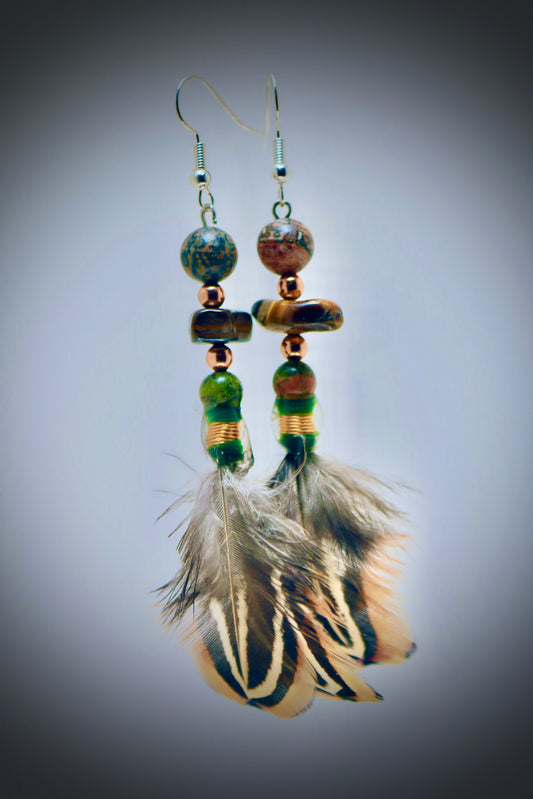 Tigers Eye+Montana Jasper+Copper Beads+Resin Casted Gold Wrap+Ringneck Pheasant