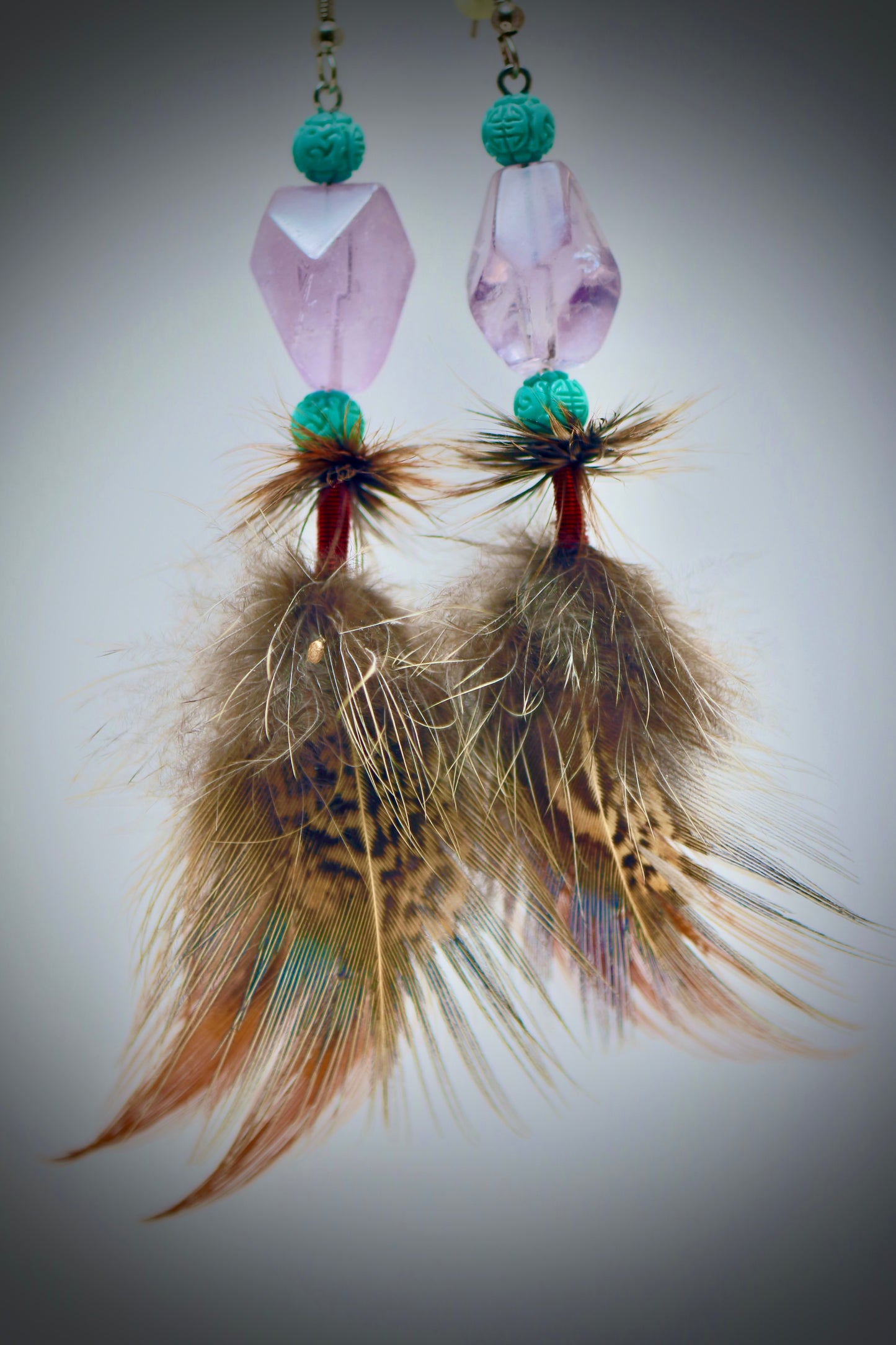 Pink Glacier Glass+Chinese Luck Beads+ Pheasant