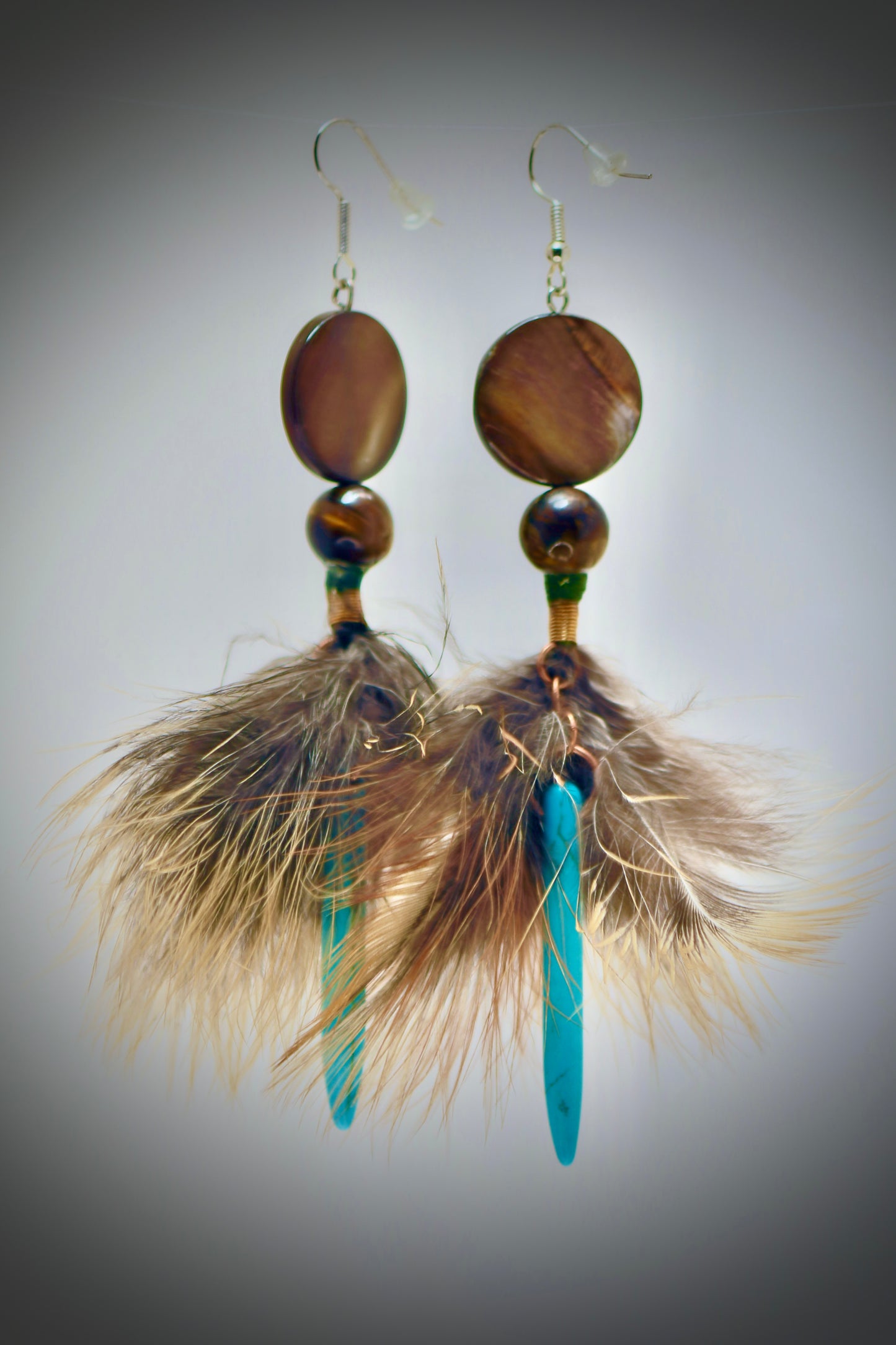 Tigers Eye Beads+Pheasant Down Feathers+ Turquoise Pillars