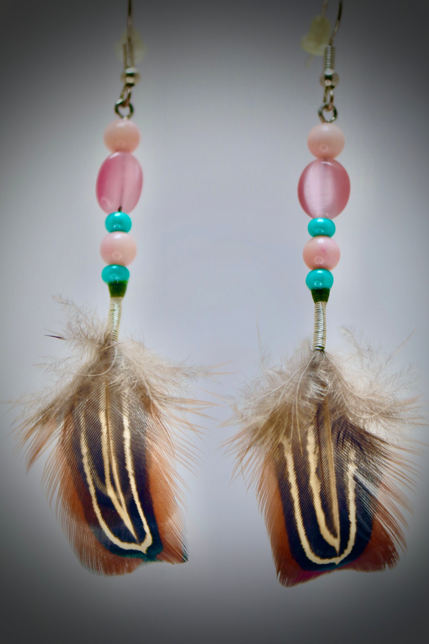 Pink Glass+Turquoise Beads+ Pheasant