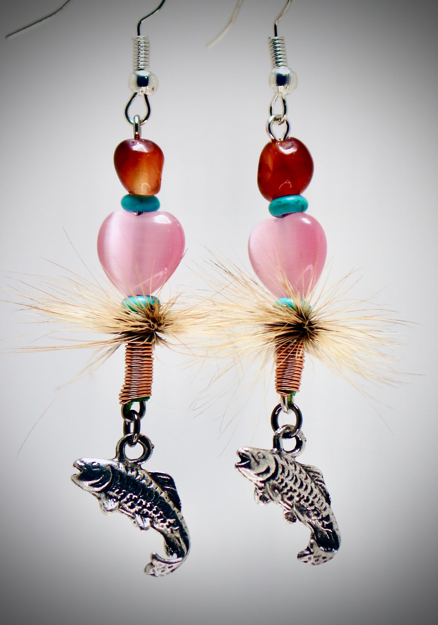 Dragon Stone+Turquoise Beads+Glass Pink Hearts+Hackle Wrap+Copper Wrap+Silver Trout Dangle