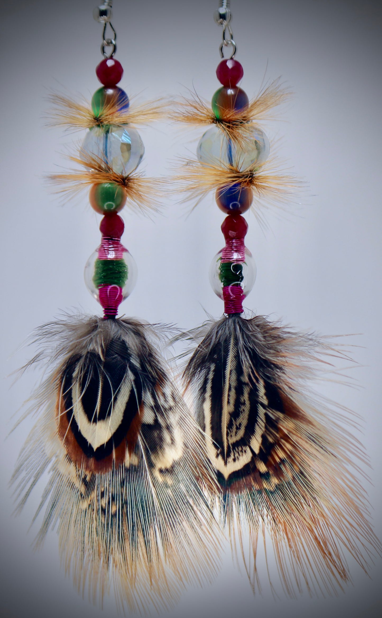 Purple Glass+Blue Ice Glass+Neon Carnival Glass+Pink Wire Wrap+Green Thread Band+Resin Casting+Ringneck Pheasant