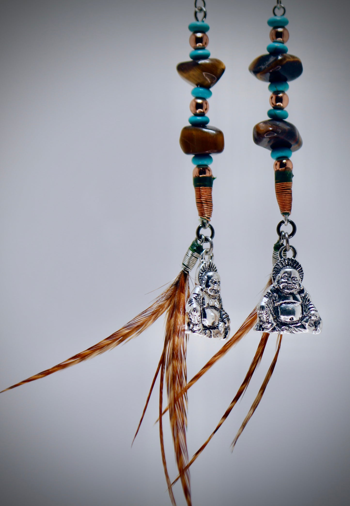 Tigers Eye+Turquoise Beads+Copper Beads & Wrap+Whitings Farm Rooster+Silver Buddha Dangle