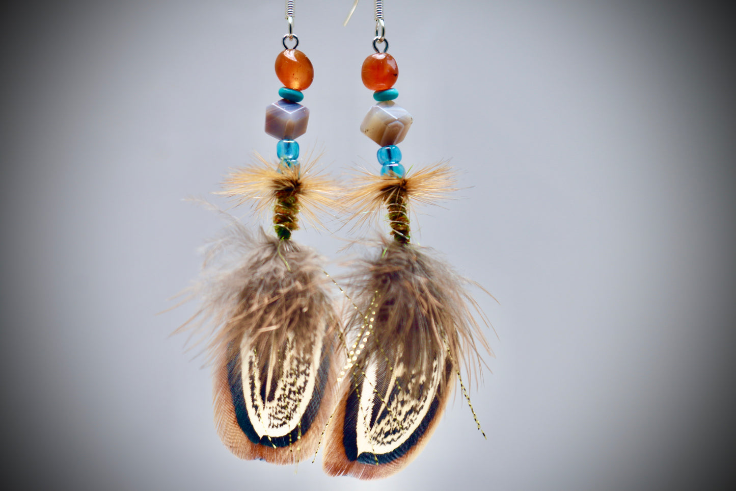 Dragon Agate+ Smoky Agate Cubes+Turquoise+Ocean Blue Beads+Hackle & Silver Wire Wrap+Ringneck Pheasant