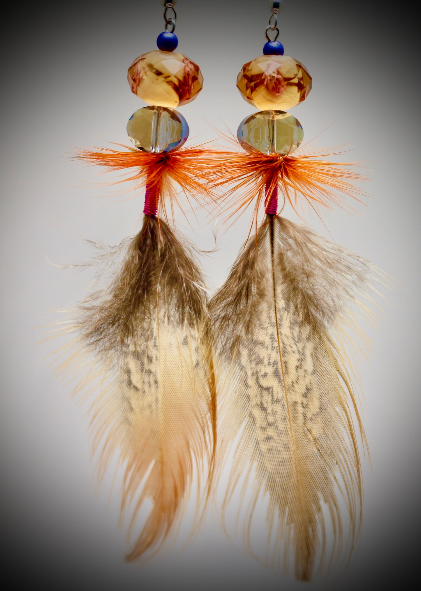 Purple Glass+Amber Glass+Orange Hackle Wrap+Pink Wire Wrap+Ringneck Pheasant