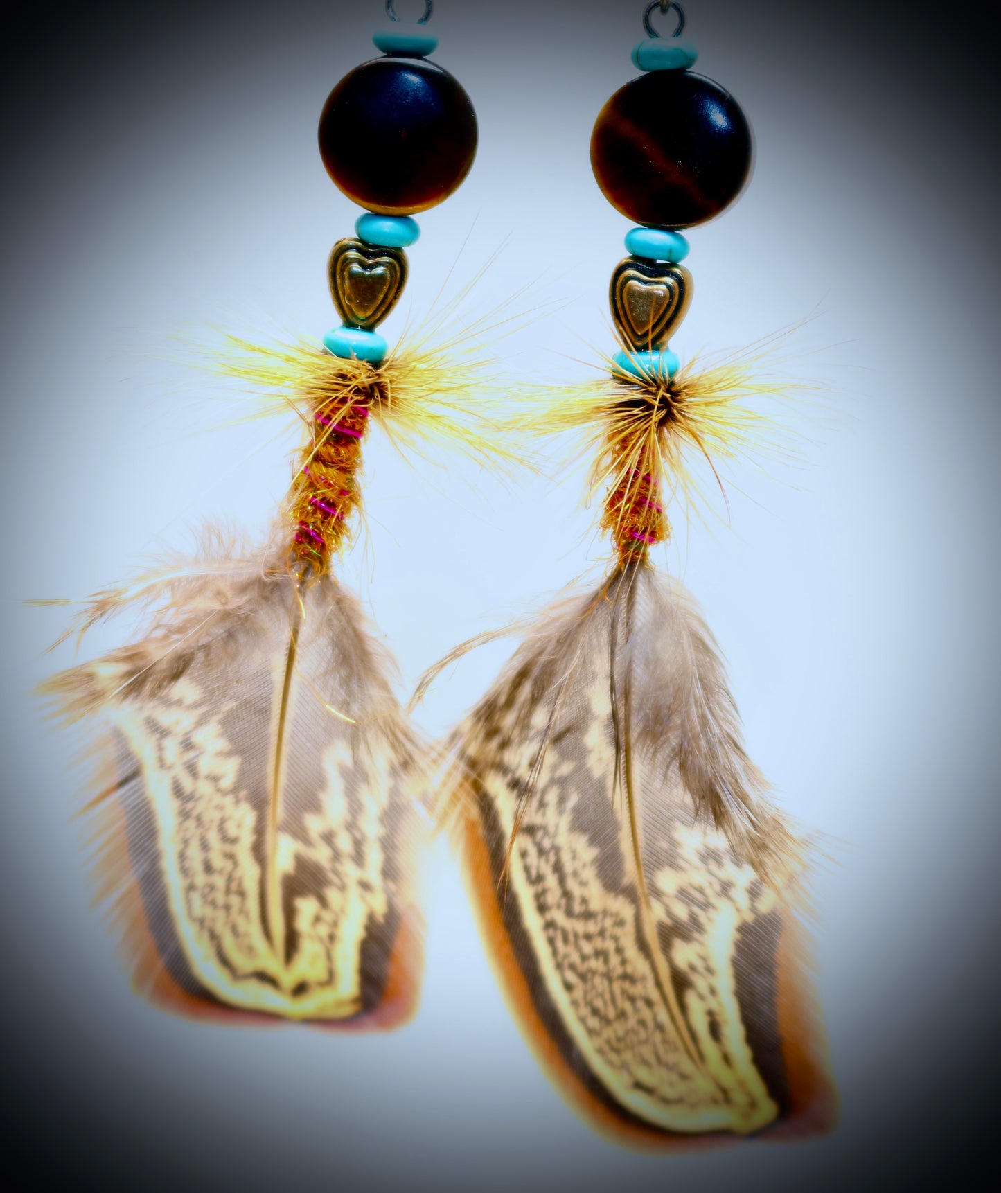 Turquoise+Tigers Eye+Brass Heart+Golden Disco Dubbing Wrap+Pink Wire Wrap+Ringneck Pheasant