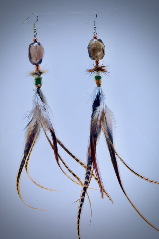 LG Smoky Glass+Resin Cast+Gold Wire Wrap+Rooster Hackle