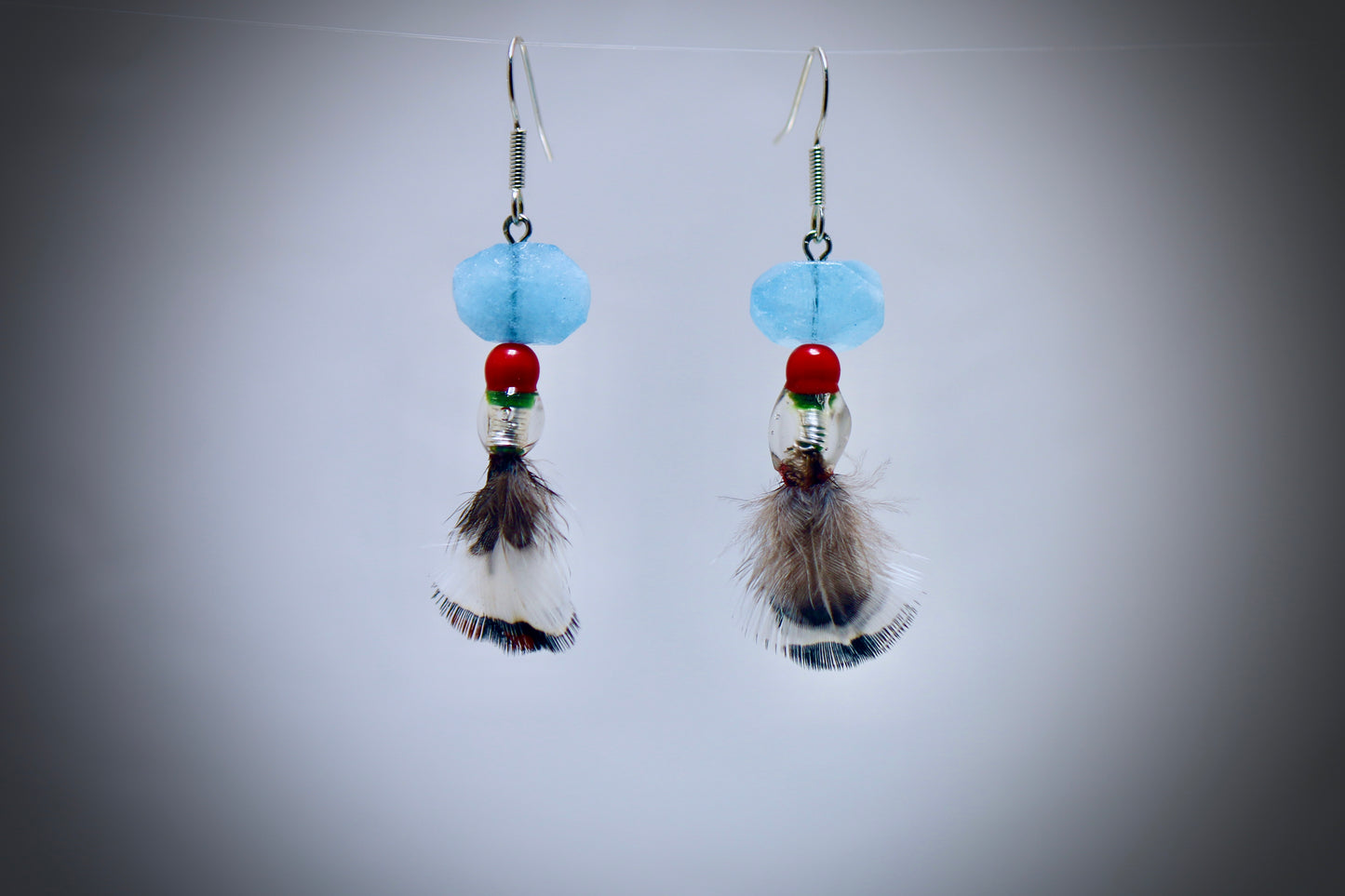 Glacier Blue Glass+Red Corral+Resin Casted Silver Wrap+Ringneck Pheasant