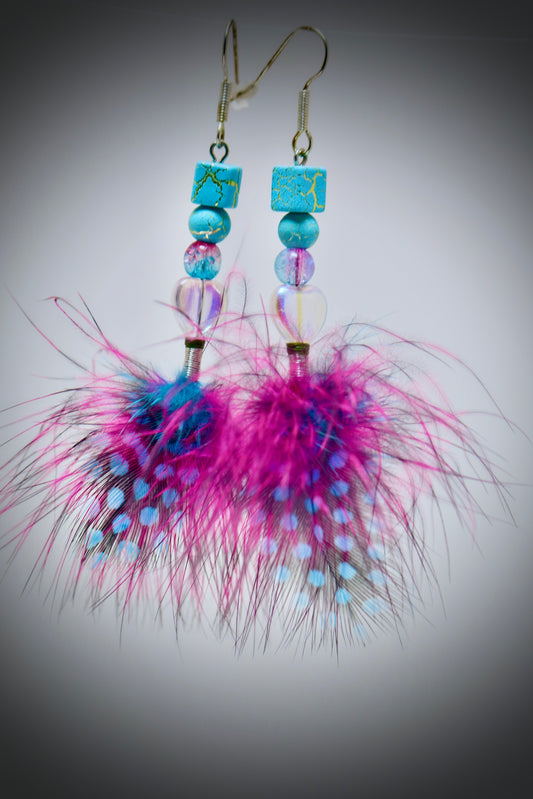 Lightning Magnesite+ Rainbow Glass+Pink Marabou+Blue Guinea fowl