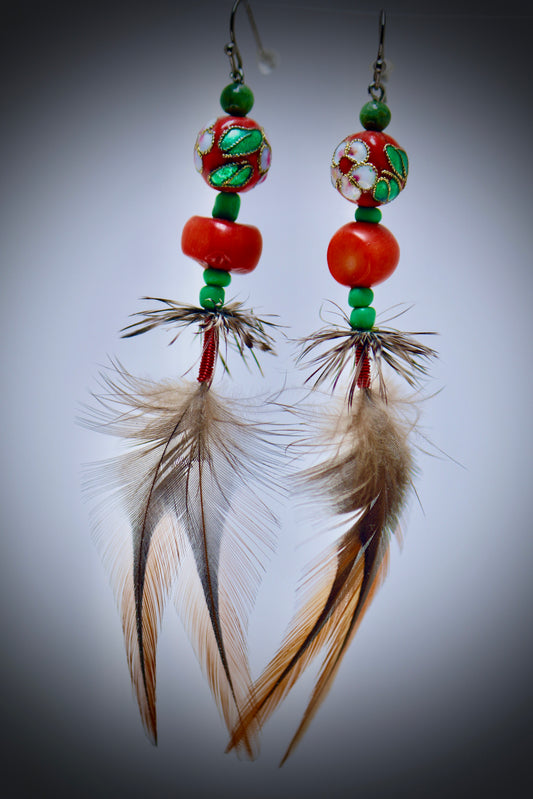 Asian Ornament Glass+Red Coral Beads+Turquoise beads+Brahma Hen Feathers