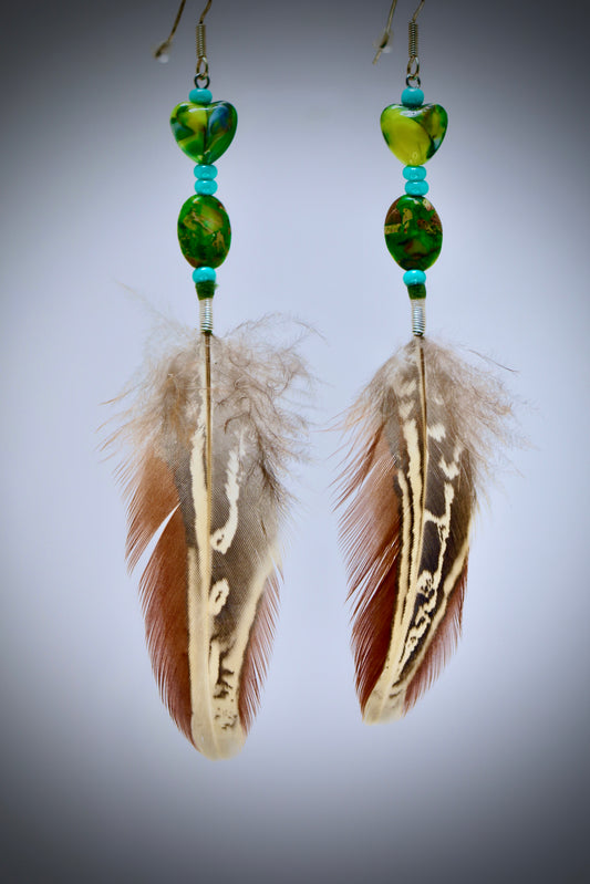 Green Jasper+Turquoise beads+Silver Wrap+Pheasant