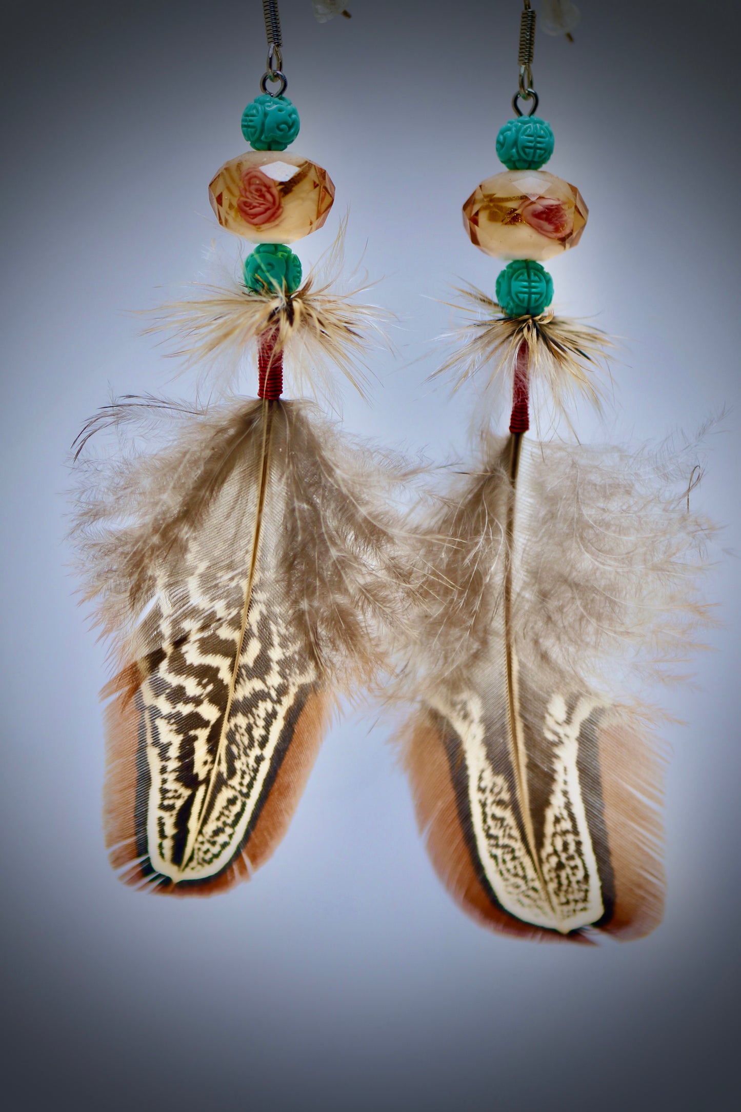 Turquoise Chinese luck beads+ Amber Glass+ Pheasant