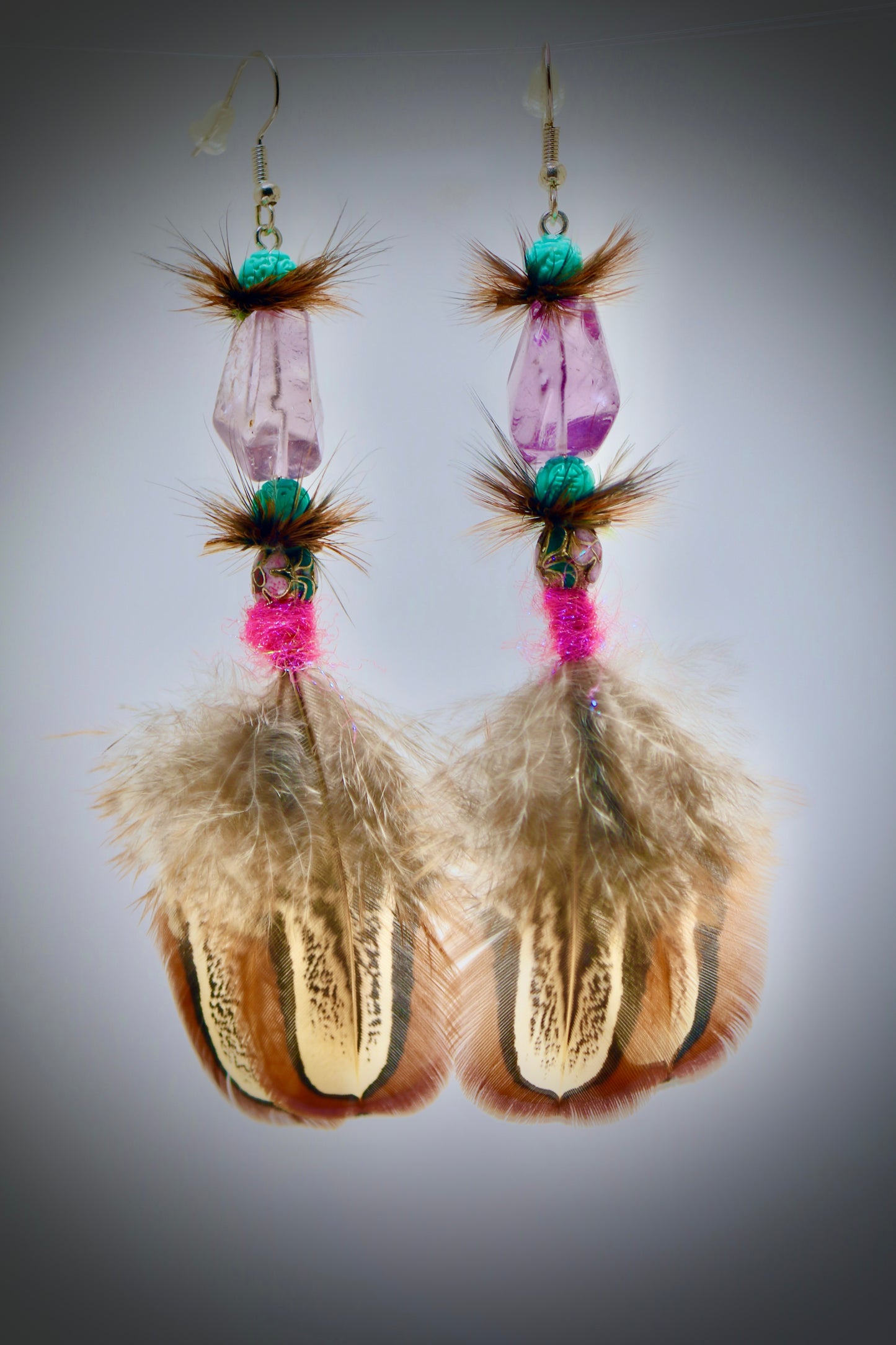 Turquoise Chinese luck beads+Pink Glacier Glass+Montana Jasper+Pink Dubbing+Ringneck Pheasant