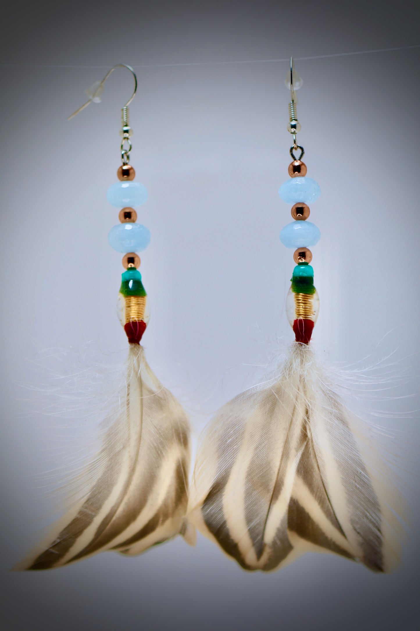 Red and Blue ice Glass Beads+Resin Casting+Mallard Feathers