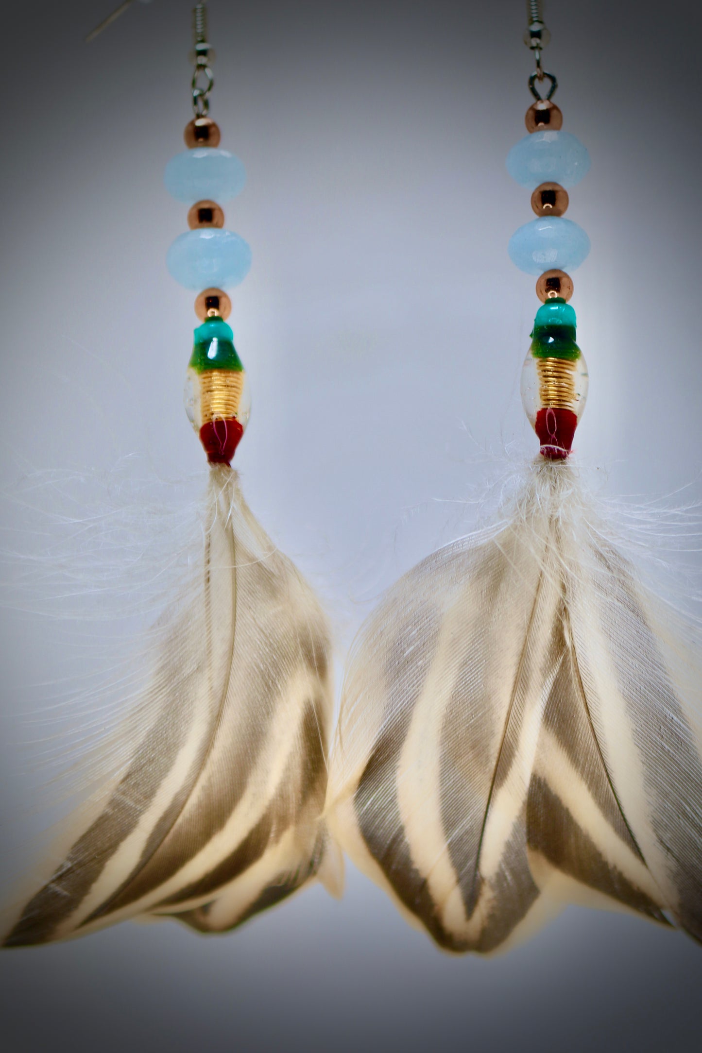 Red and Blue ice Glass Beads+Resin Casting+Mallard Feathers