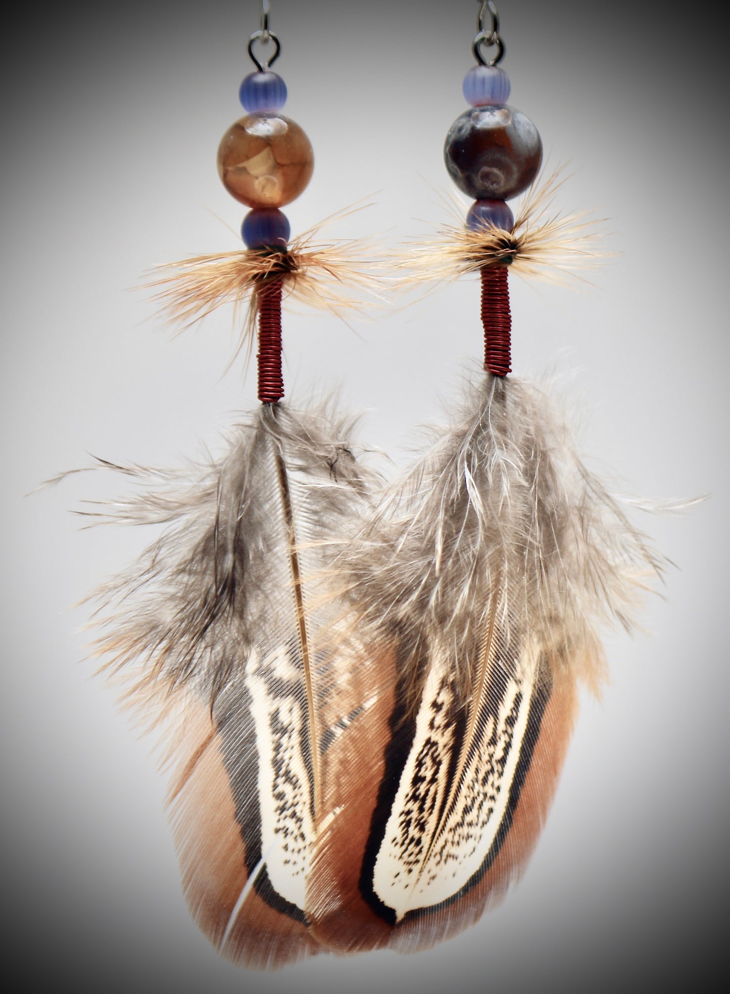Smokey Agate+Sm Blue Glass+Hackle Wrap+ Red Wire Wrap+Ringneck Pheasant