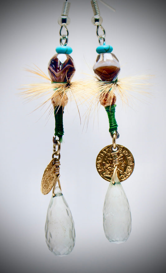 Turquoise Beads+Marble Glass+Hackle wrap+Jasper+Green Wire Wrap+Golden Coin+Crystal Dangle
