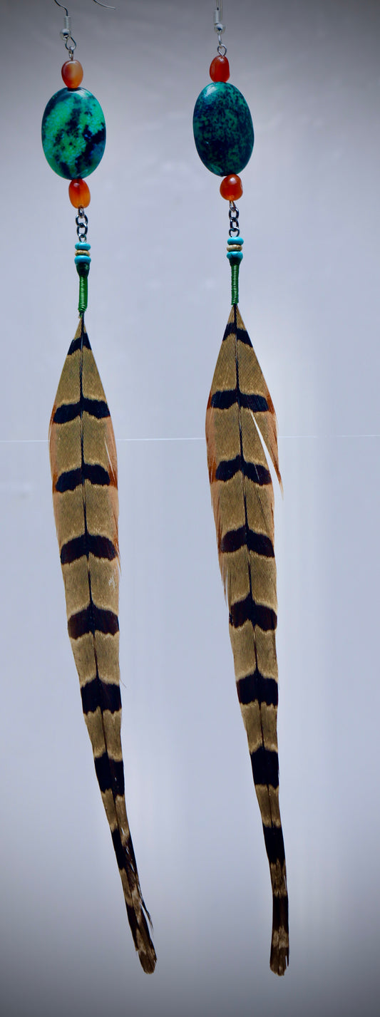 Dark Green Jade+Dragon Stone+Turquoise+Green Wire Wrap+Pheasant Tail Dangle