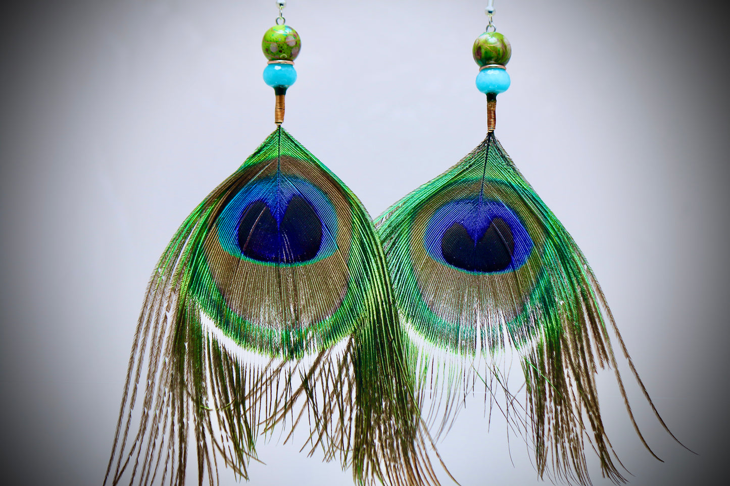 Green Montana Jasper+Aqua Glass Beads+Copper Wrapping+Peacock Feathers