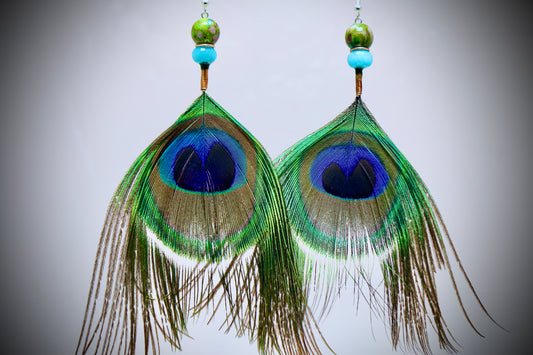 Green Montana Jasper+Aqua Glass Beads+Copper Wrapping+Peacock Feathers