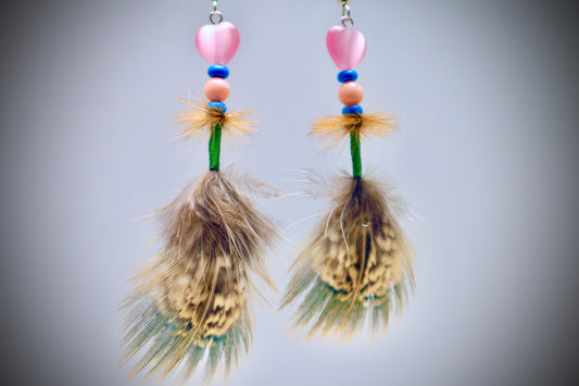 Pink Glass Hearts+Blue Rondelle Beads+Hackle Wrap+Green Wire Wrap+Ringneck Pheasant
