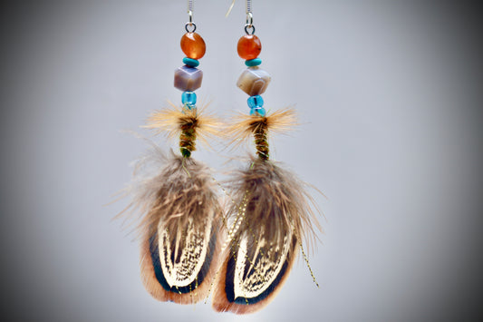 Dragon Agate+ Smoky Agate Cubes+Turquoise+Ocean Blue Beads+Hackle & Silver Wire Wrap+Ringneck Pheasant