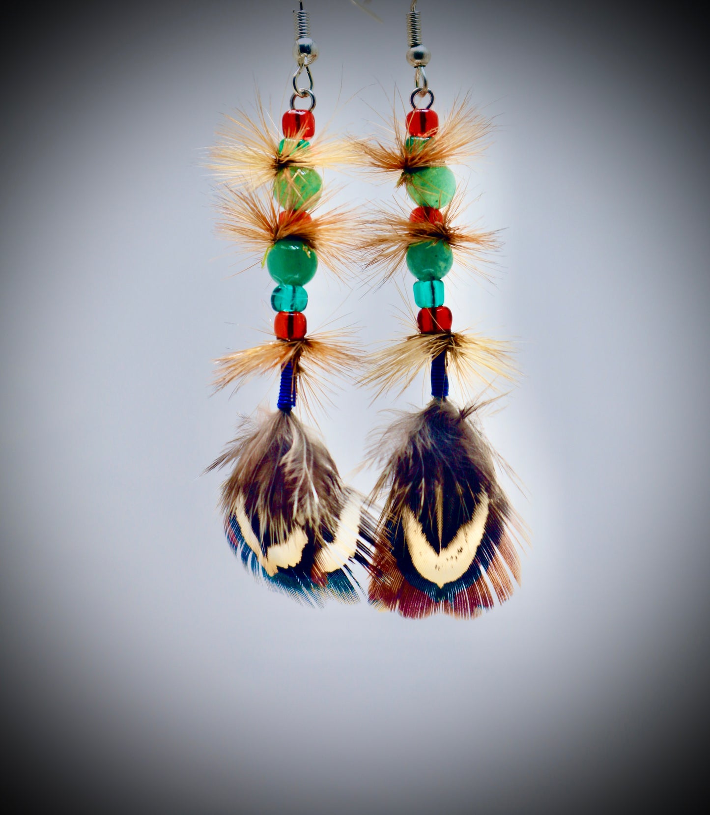 Red & Ocean Blue Glass+Jade+Blue Wire Wrap+Ringneck Pheasant