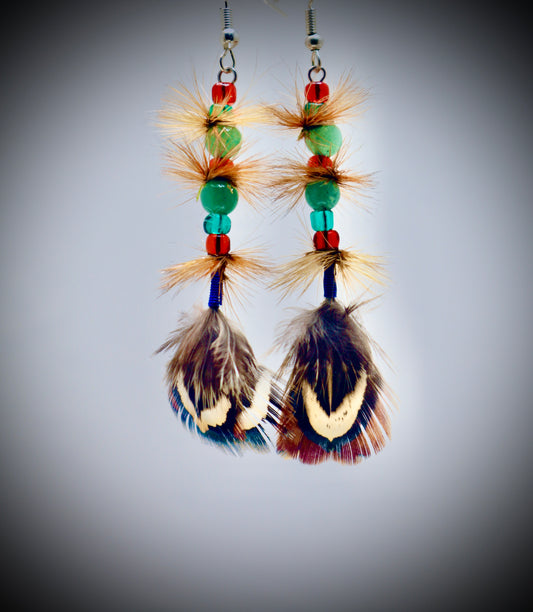 Red & Ocean Blue Glass+Jade+Blue Wire Wrap+Ringneck Pheasant