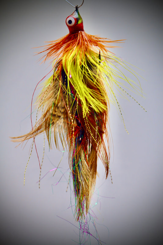 Multi-layered Ringneck pheasant with Rubber legs + Yellow &amp; Orange Hackle Wrap + Disco Flash + Extra Weighted Body + Clear Rosin Casting