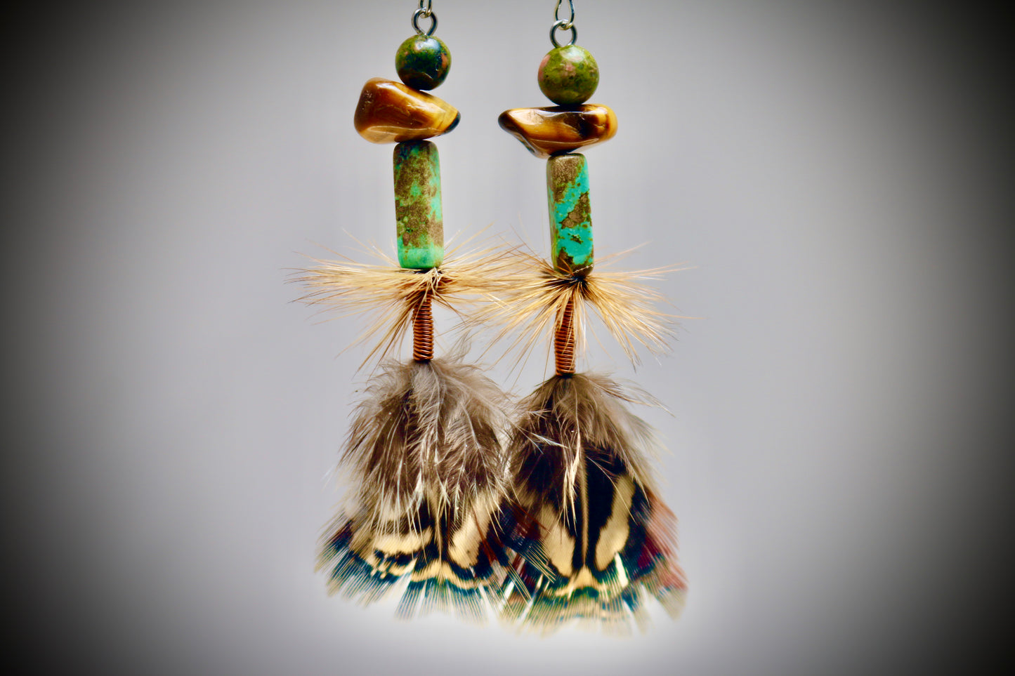 Montana Jasper+Tigers Eye+Hackle Wrap+Copper Wire Wrap+Ringneck Pheasant